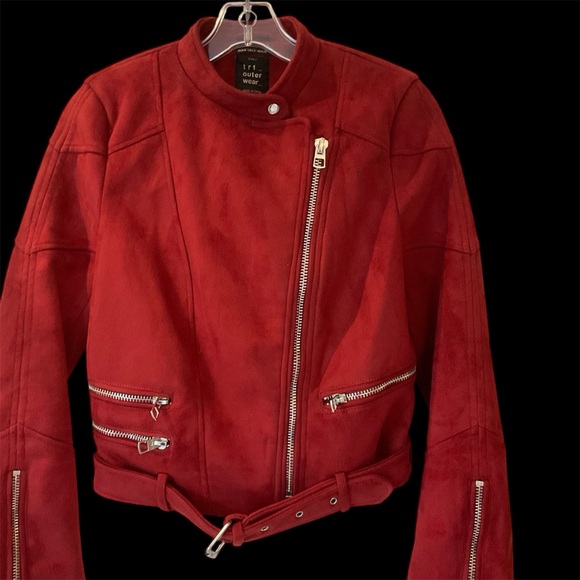 Zara Trafaluc red faux suede biker jacket, multiple zippers, belted waist. Sz S - Picture 2 of 13